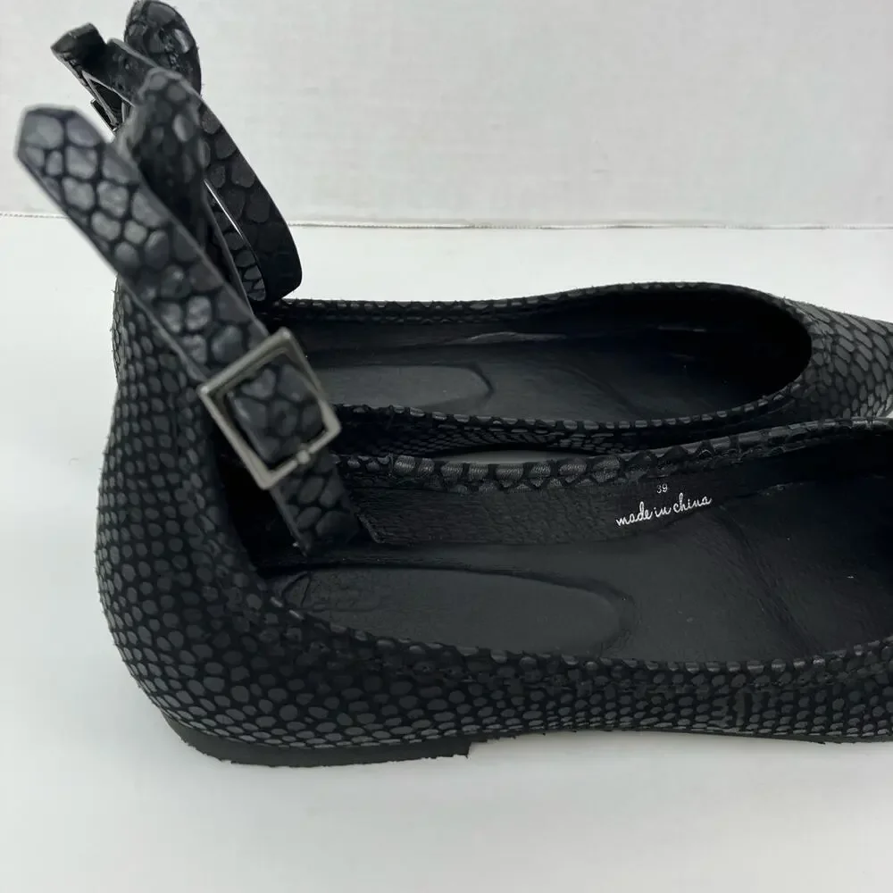 Joie Sz 9 Temple Black Embossed Leather Ankle Wrap Ballet Flats Pointed Toe